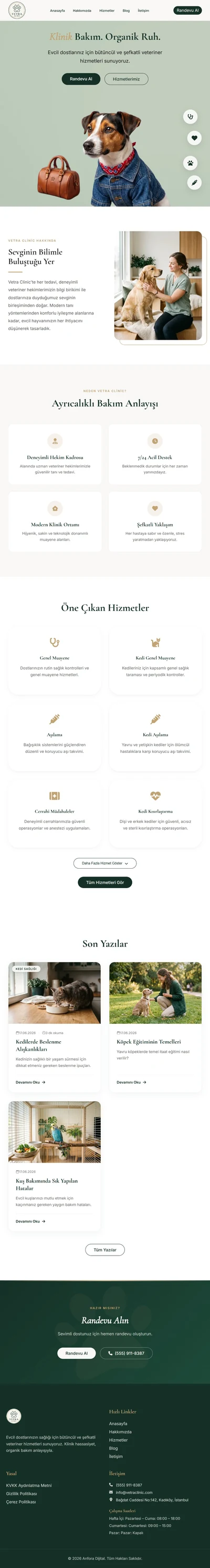 Vetra Clinic veteriner web sitesi — tablet görünümü